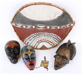 20TH CENTURY AFRICAN MASKS, BEADED PURSE, & ZULU SHIELD