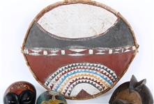 20TH CENTURY AFRICAN MASKS, BEADED PURSE, & ZULU SHIELD