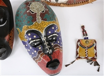 20TH CENTURY AFRICAN MASKS, BEADED PURSE, & ZULU SHIELD