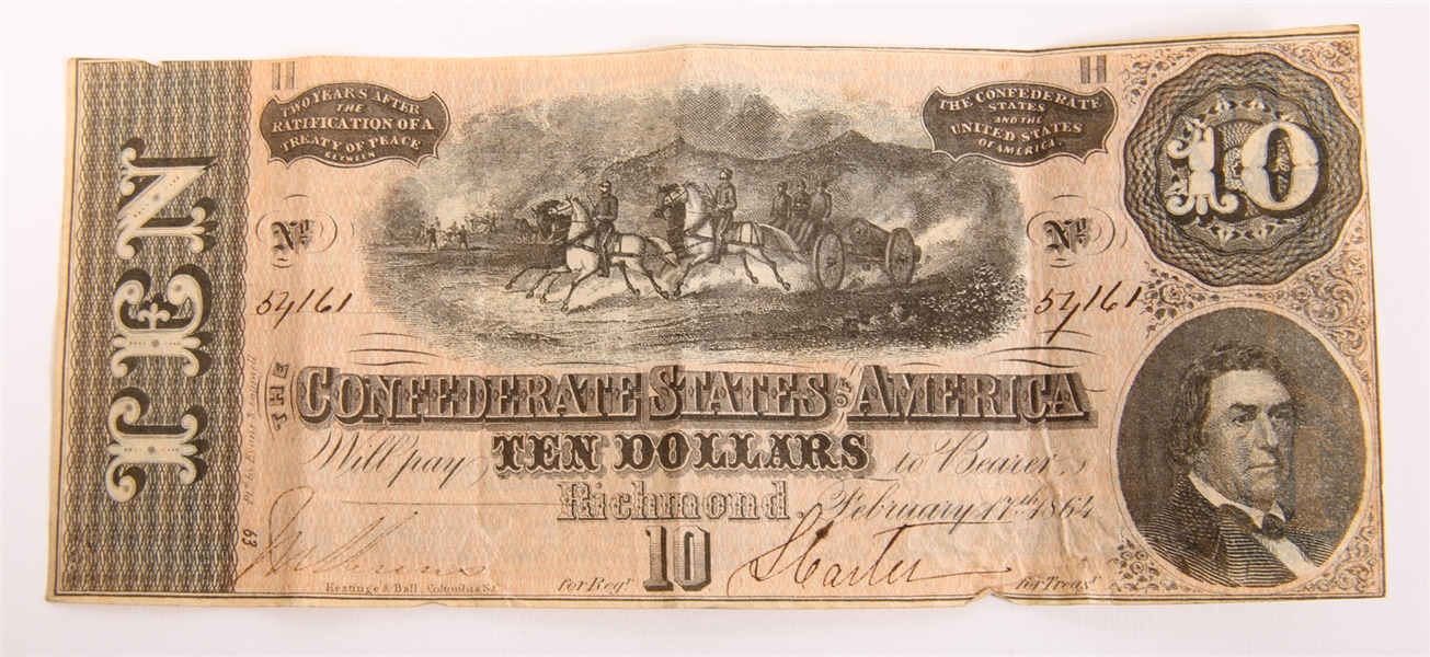 1864 $10 CONFEDERATE STATES OF AMERICA RICHMOND NOTE