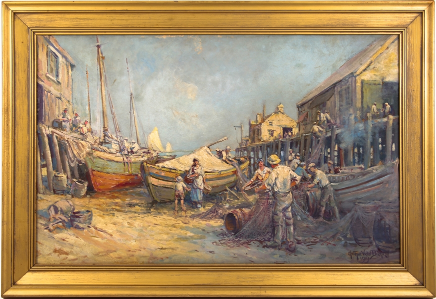 ARTHUR DIEHL "MENDING THE NETS" OIL PAINTING