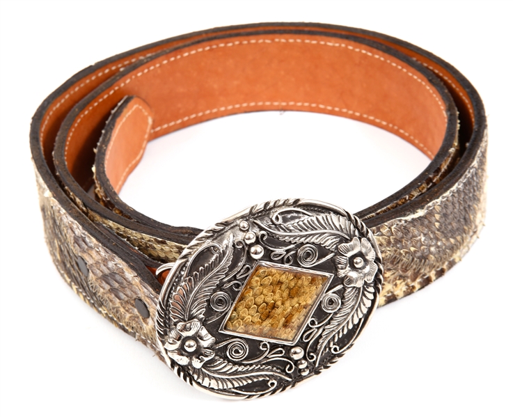 RATTLESNAKE OVER LEATHER BELT WITH SILVER TONE BUCKLE