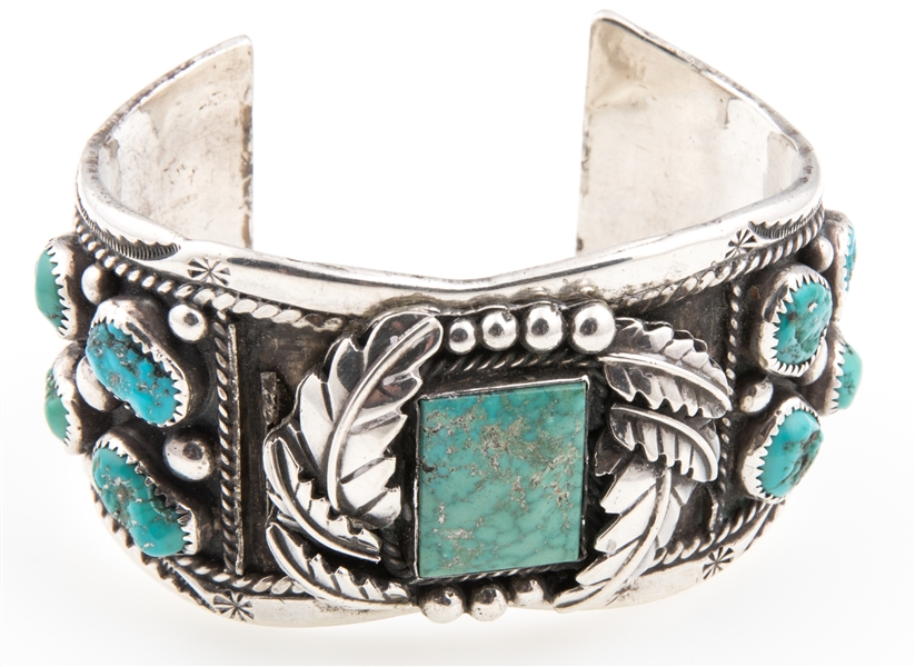 STERLING SILVER & TURQUOISE SIGNED NAVAJO CUFF BRACELET