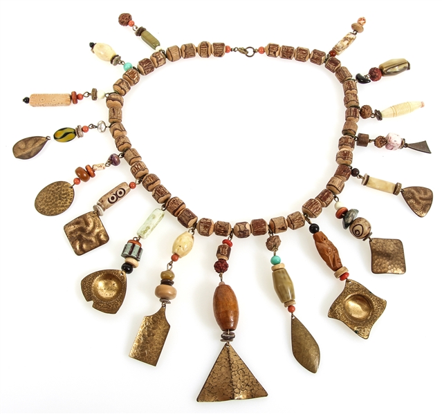 BOHEMIAN STYLE WOOD, BRASS, & GLASS BEADED NECKLACE
