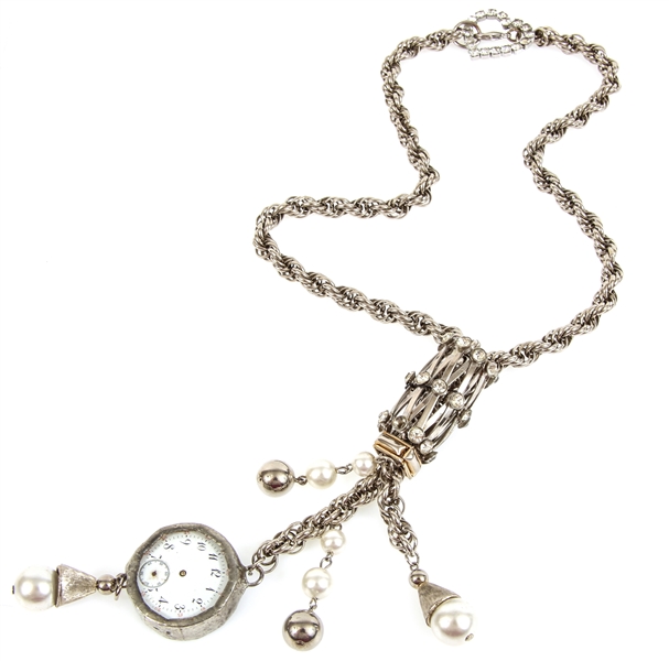 SILVER TONE NECKLACE WITH POCKET WATCH MOVEMENT