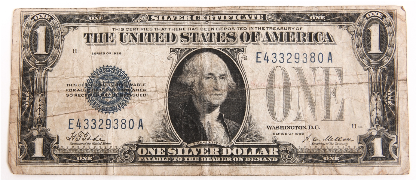 Lot Detail - $1 US SILVER CERTIFICATE SERIES 1928 BLUE SEAL