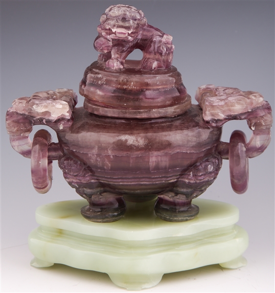 CHINESE CARVED PURPLE QUARTZ CENSOR W/SOFT STONE BASE