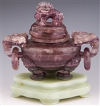 CHINESE CARVED PURPLE QUARTZ CENSOR W/SOFT STONE BASE