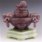 CHINESE CARVED PURPLE QUARTZ CENSOR W/SOFT STONE BASE