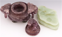 CHINESE CARVED PURPLE QUARTZ CENSOR W/SOFT STONE BASE