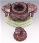 CHINESE CARVED PURPLE QUARTZ CENSOR W/SOFT STONE BASE