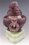 CHINESE CARVED PURPLE QUARTZ CENSOR W/SOFT STONE BASE