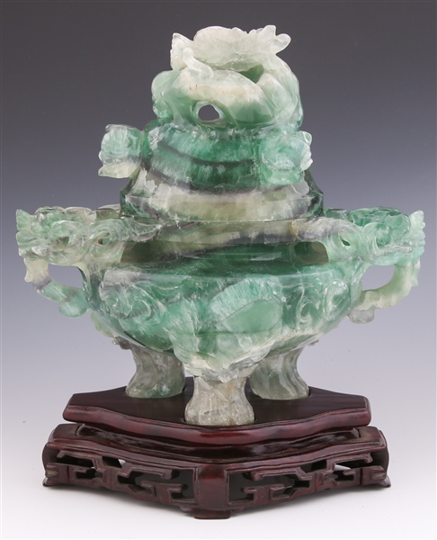 CHINESE CARVED GREEN QUARTZ CENSOR WITH WOODEN BASE