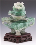CHINESE CARVED GREEN QUARTZ CENSOR WITH WOODEN BASE