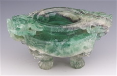 CHINESE CARVED GREEN QUARTZ CENSOR WITH WOODEN BASE