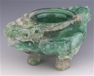 CHINESE CARVED GREEN QUARTZ CENSOR WITH WOODEN BASE