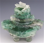 CHINESE CARVED GREEN QUARTZ CENSOR WITH WOODEN BASE