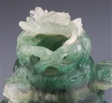 CHINESE CARVED GREEN QUARTZ CENSOR WITH WOODEN BASE