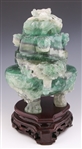CHINESE CARVED GREEN QUARTZ CENSOR WITH WOODEN BASE