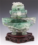 CHINESE CARVED GREEN QUARTZ CENSOR WITH WOODEN BASE