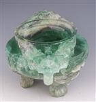 CHINESE CARVED GREEN QUARTZ CENSOR WITH WOODEN BASE