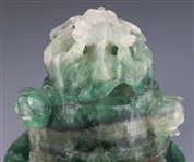 CHINESE CARVED GREEN QUARTZ CENSOR WITH WOODEN BASE
