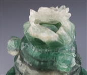 CHINESE CARVED GREEN QUARTZ CENSOR WITH WOODEN BASE