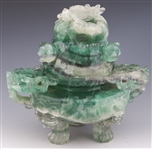 CHINESE CARVED GREEN QUARTZ CENSOR WITH WOODEN BASE