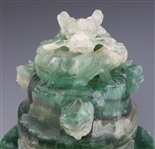 CHINESE CARVED GREEN QUARTZ CENSOR WITH WOODEN BASE