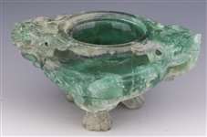 CHINESE CARVED GREEN QUARTZ CENSOR WITH WOODEN BASE