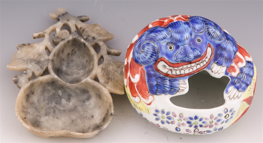CHINESE PORCELAIN & SOFTSTONE INK POTS - LOT OF 2