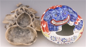 CHINESE PORCELAIN & SOFTSTONE INK POTS - LOT OF 2
