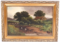 20TH C. PASTORAL SCENE WITH SWANS OIL ON CANVAS SIGNED