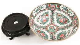 CHINESE ROSE MEDALLION PORCELAIN BOWL & STAND
