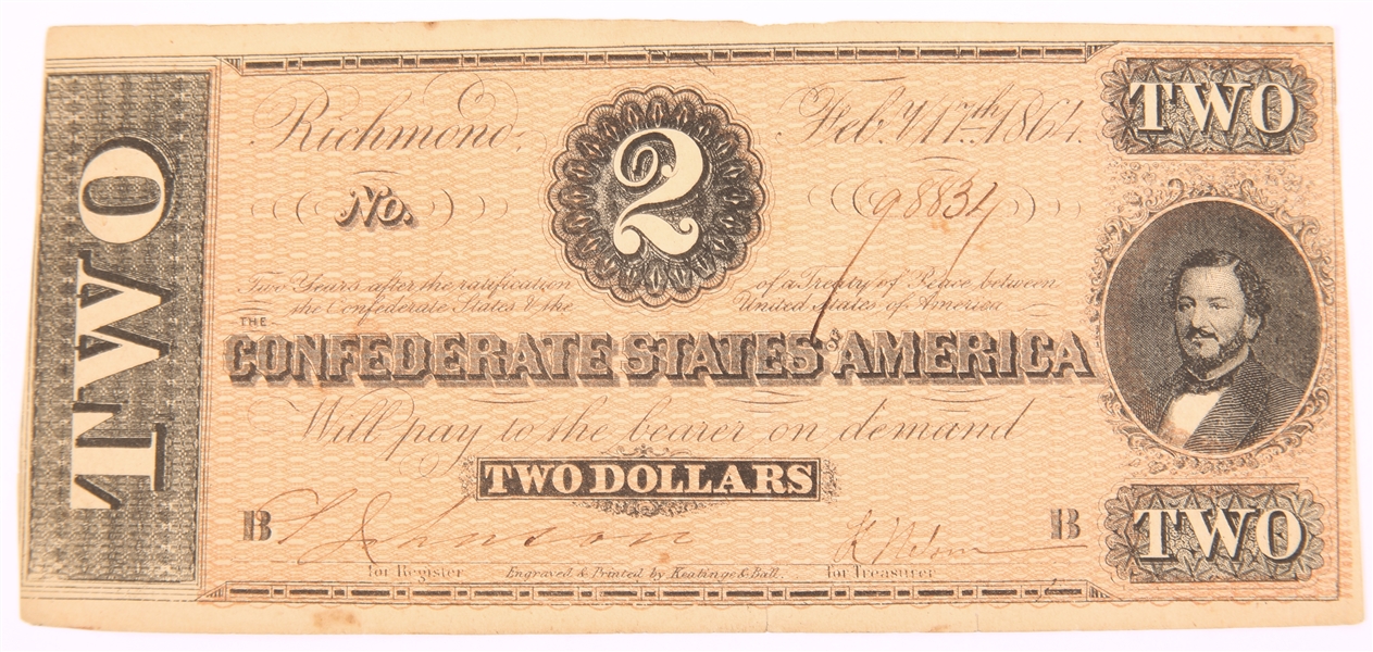 1864 TWO DOLLAR CONFEDERATE STATES OF AMERICA BANKNOTE