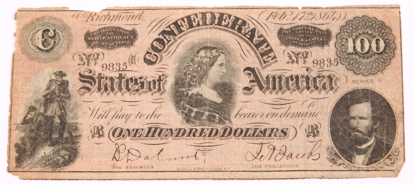 1864 100 DOLLAR CONFEDERATE STATES OF AMERICA BANKNOTE