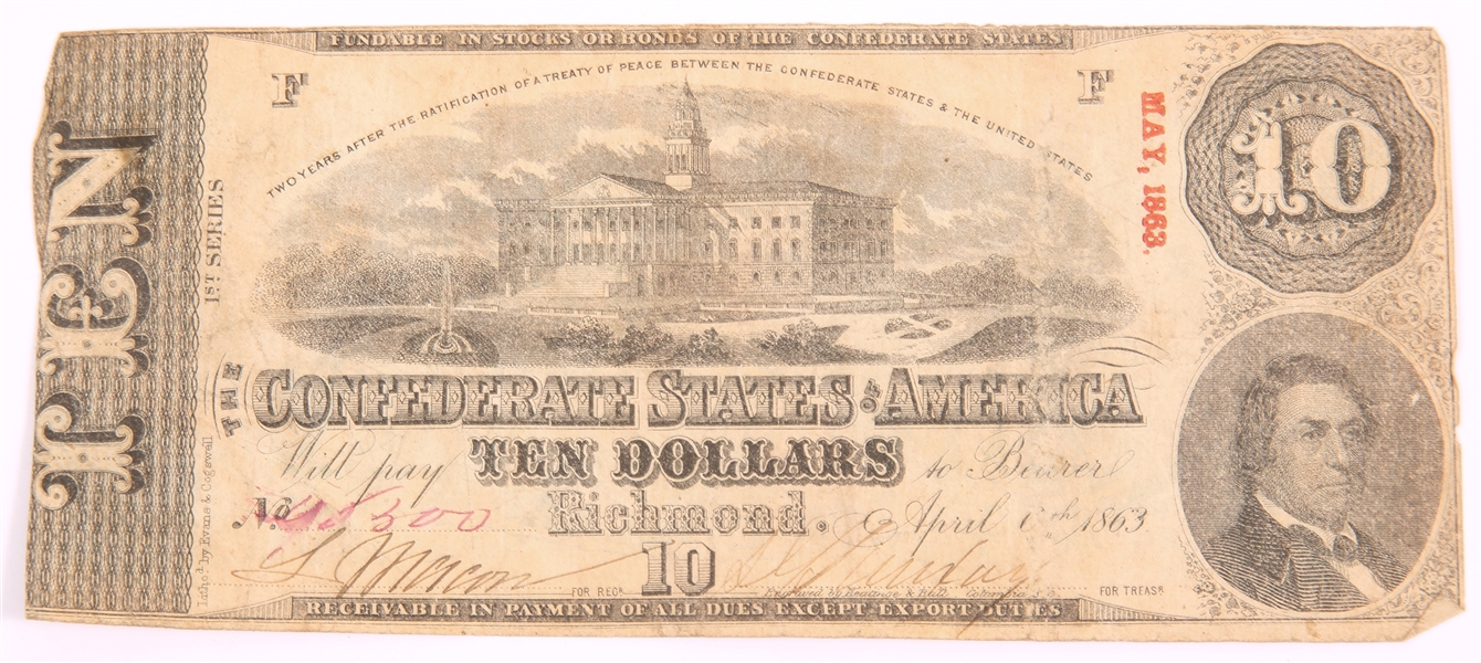 1863 TEN DOLLAR CONFEDERATE STATES OF AMERICA BANKNOTE