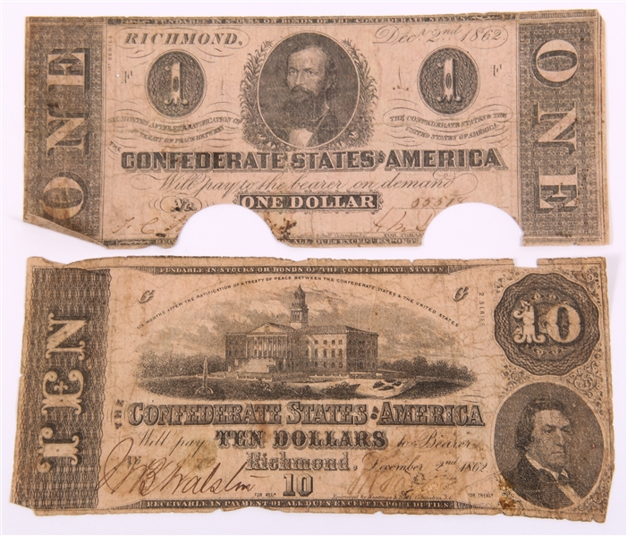 1862 CONFEDERATE STATES OF AMERICA BANKNOTES - LOT OF 2