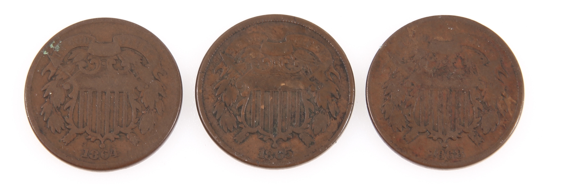 UNITED STATES COPPER 2 CENT PIECES - 1864, 1865 & 1868