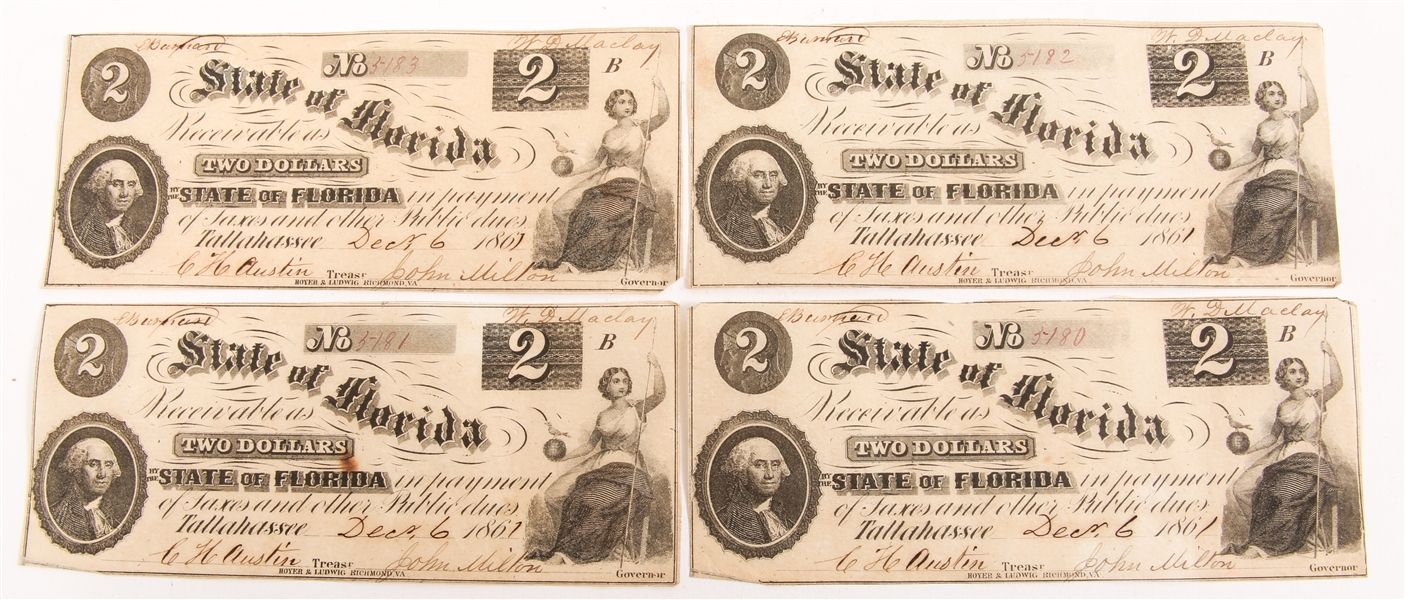 SEQUENTIAL 1861 $2 STATE OF FLORIDA OBSOLETE BANK NOTES