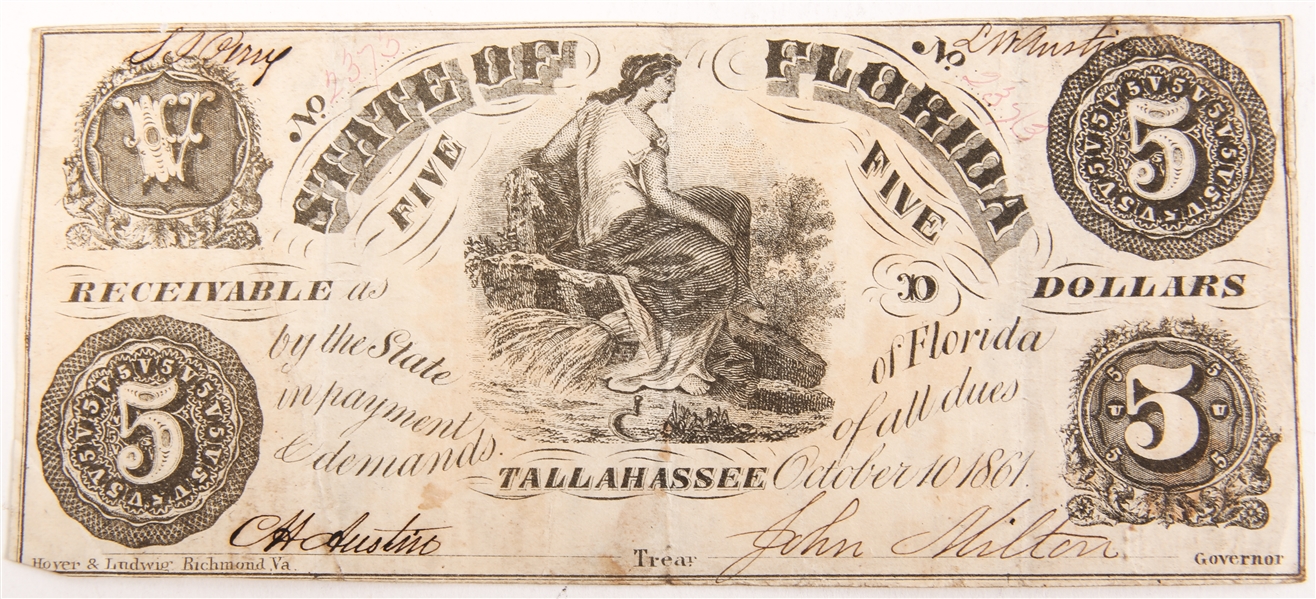 1862 $5 STATE OF FLORIDA, TALLAHASSEE OBSOLETE BANKNOTE