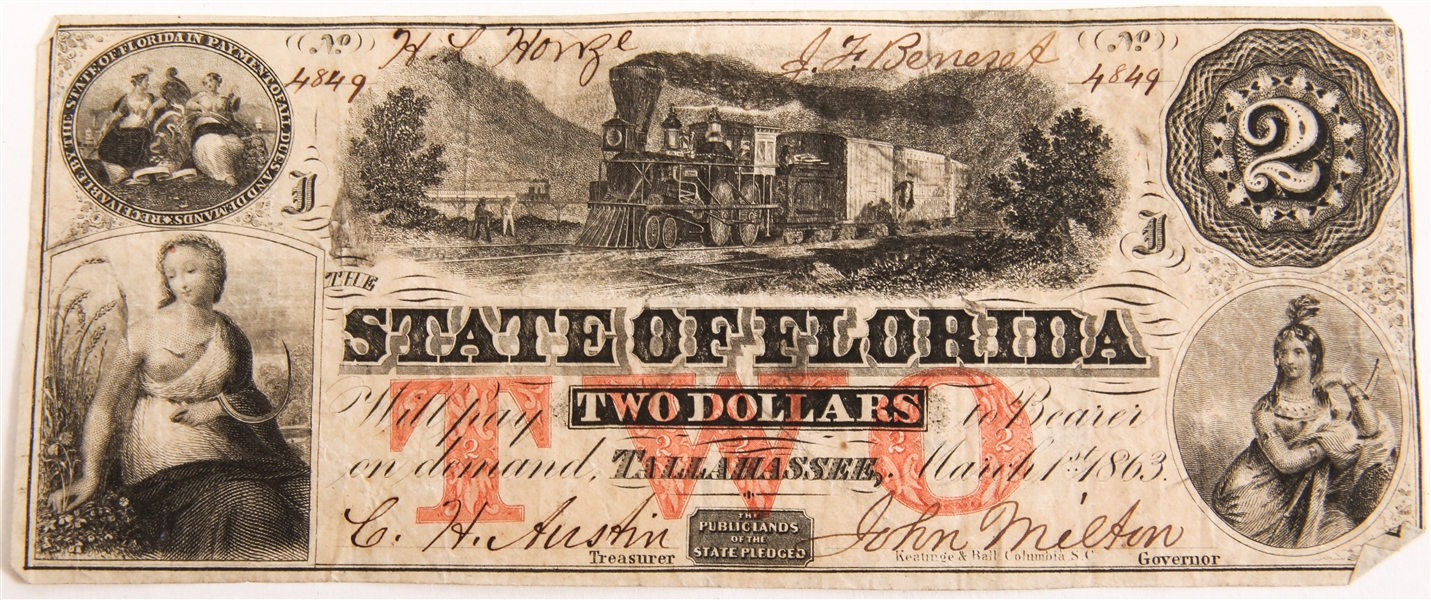 1863 $2 STATE OF FLORIDA, TALLAHASSEE OBSOLETE BANKNOTE