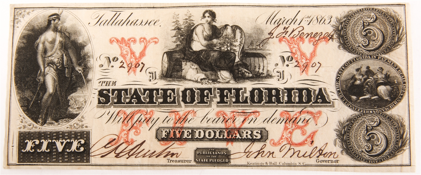 1863 $5 STATE OF FLORIDA, TALLAHASSEE OBSOLETE BANKNOTE