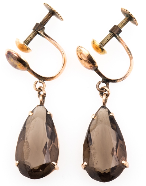 14K YELLOW GOLD SMOKY QUARTZ CLIP-ON EARRINGS