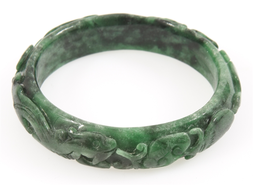 CHINESE CARVED SPINACH JADE DRAGON BANGLE BRACELET