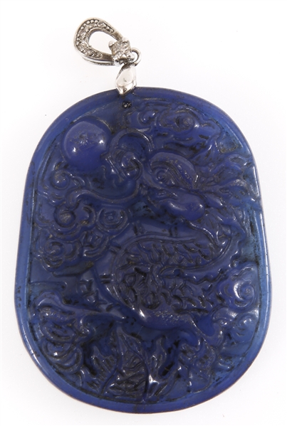 CHINESE CARVED BLUE DYED JADE DRAGON PENDANT