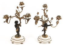 PAIR OF BRONZE WINGED CHERUB CANDELABRA