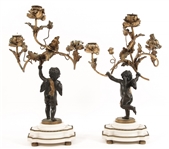 PAIR OF BRONZE WINGED CHERUB CANDELABRA