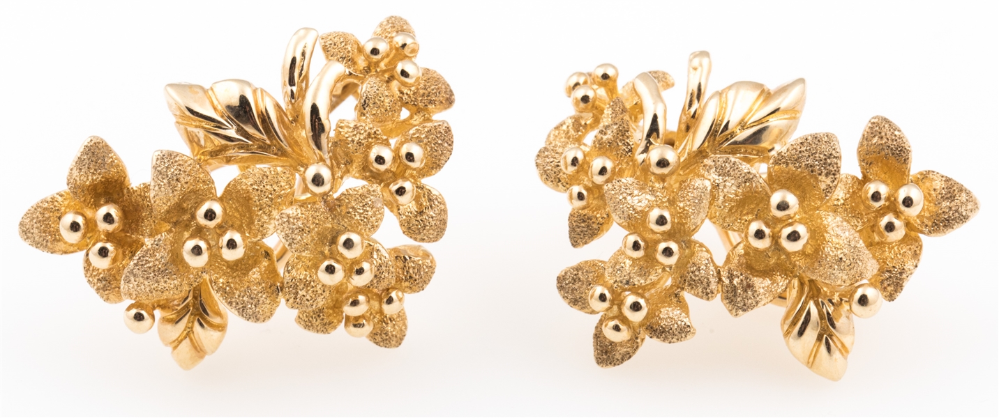 14K YELLOW GOLD FLORAL DESIGN OMEGA BACK EARRINGS