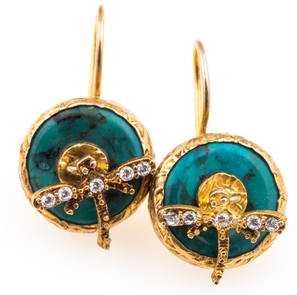 VERMEIL STERLING ARTS & CRAFTS STYLE DRAGONFLY EARRINGS